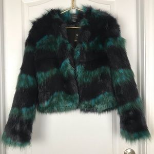 NWT Forever21 Faux Fur Black & Turquoise Jacket S